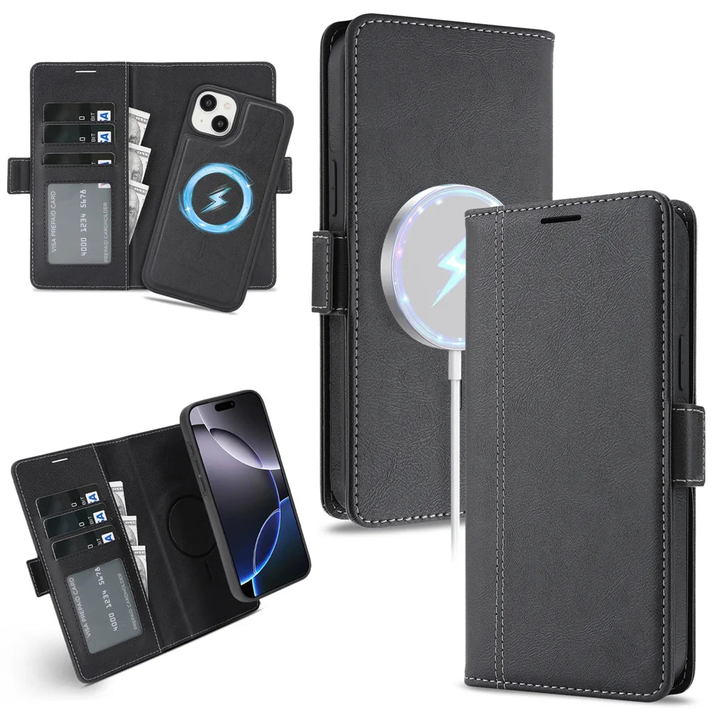 For iPhone 13 Case Detachable 2 in 1 Leather Wallet Phone Cover Compatible with MagSafe - Black - 1
