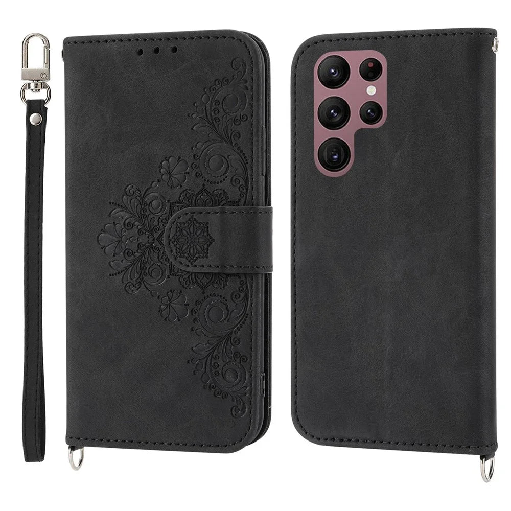 For Samsung Galaxy S23 Ultra Anti-scratch Phone Shell Skin-touch Multiple Card Slots Imprinted Flowers Stand Leather Wallet Cover with Wrist Strap and Shoulder Strap - Black - 1