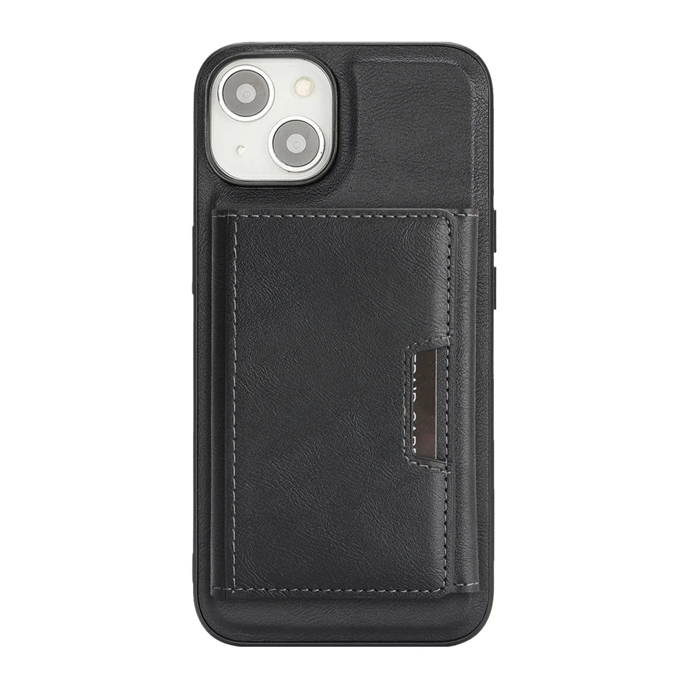 For iPhone 13 Kickstand Case Tri-fold Card Bag PU Leather Coated TPU Cover Compatible with MagSafe - Black - 2