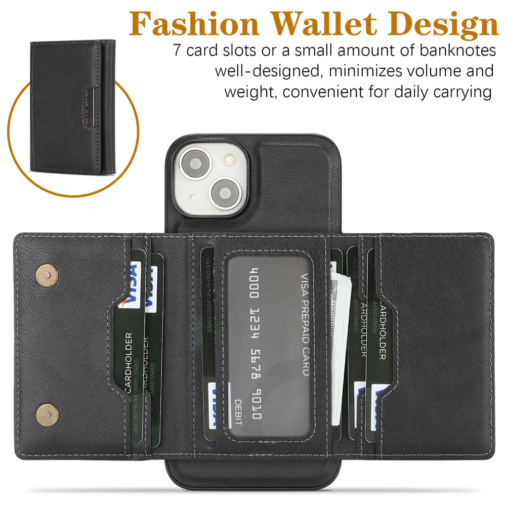 For iPhone 13 Kickstand Case Tri-fold Card Bag PU Leather Coated TPU Cover Compatible with MagSafe - Black - 3