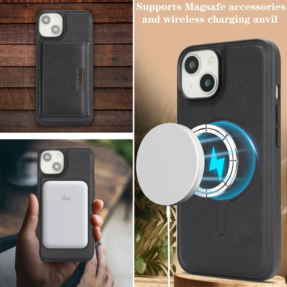 For iPhone 13 Kickstand Case Tri-fold Card Bag PU Leather Coated TPU Cover Compatible with MagSafe - Black - 4