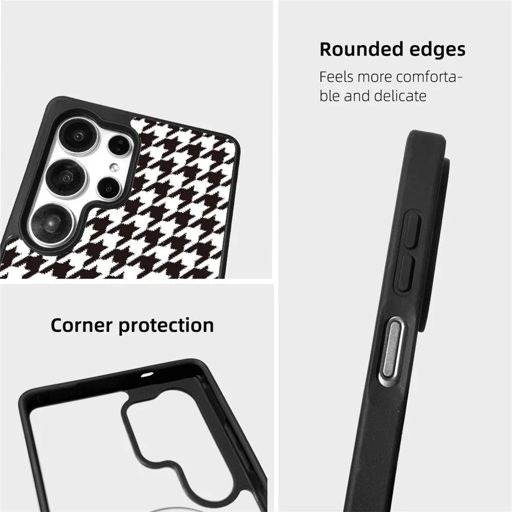 EYCASE For Samsung Galaxy S26 Ultra Magnetic Case  Grid Series Black Edge TPU + Acrylic Cover with Black Edge - Black White Houndstooth - 7