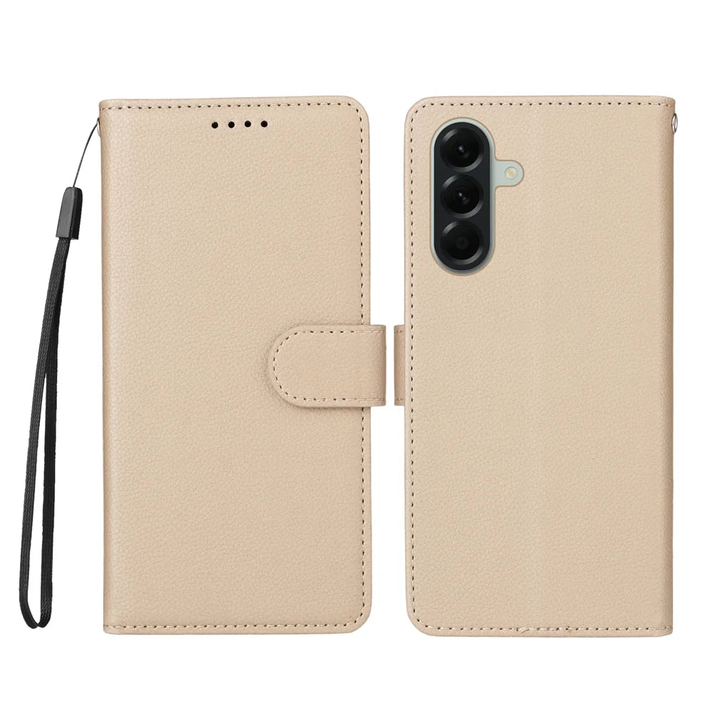 For Samsung Galaxy A57 5G Case RFID Blocking 3 Card Slots PU Leather Phone Cover with Wrist Strap - Creamy White - 1