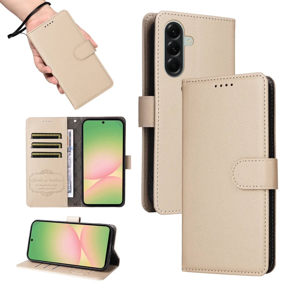 For Samsung Galaxy A57 5G Case RFID Blocking 3 Card Slots PU Leather Phone Cover with Wrist Strap - Creamy White - 5