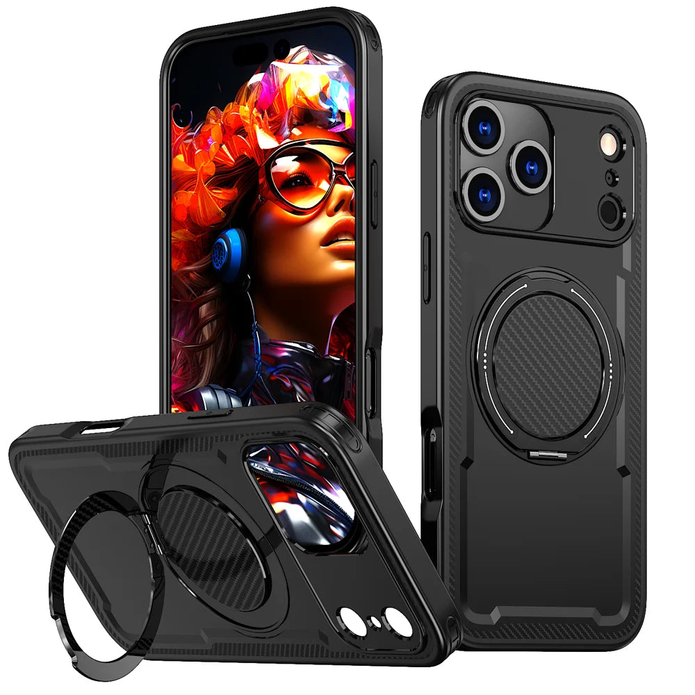 For iPhone 18 Pro / 17 Pro Case Compatible with MagSafe TPU + PC Phone Cover with Damping Rotating Stand - Black - 1