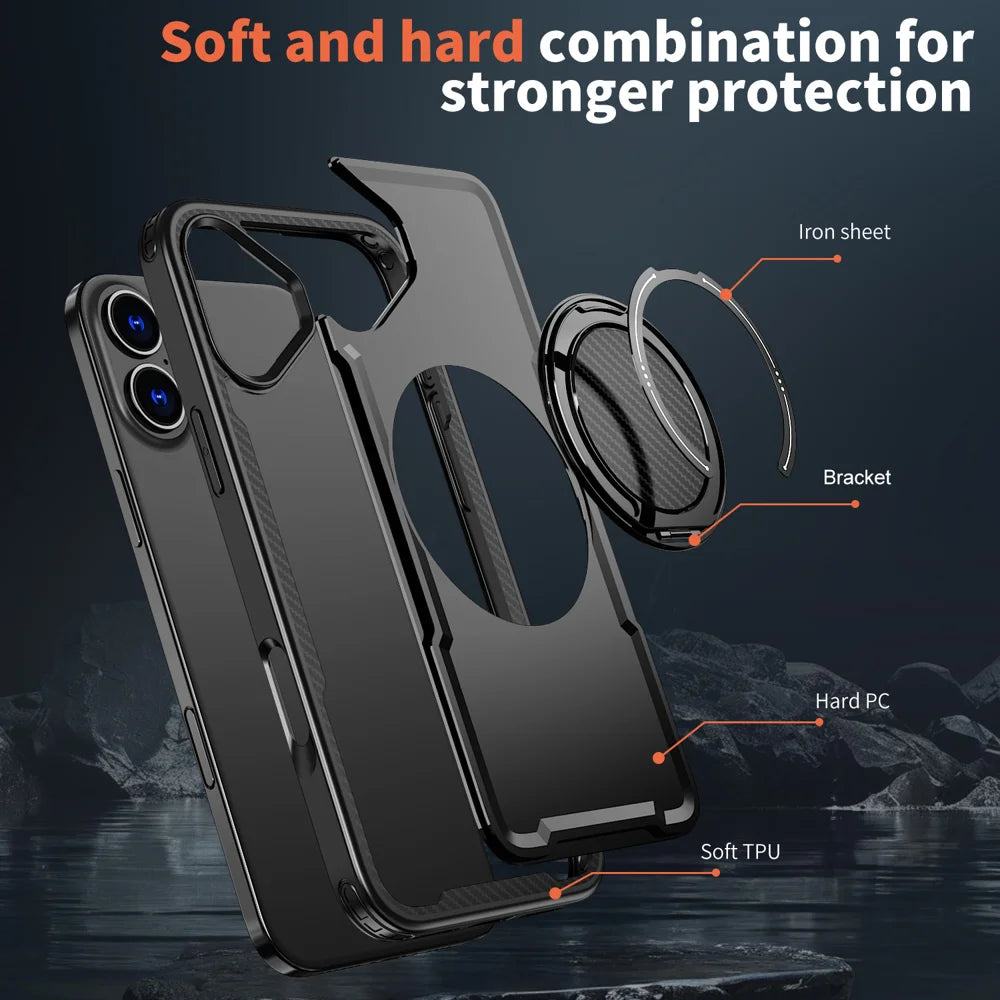 For iPhone 16 Case Compatible with MagSafe TPU + PC Phone Cover with Damping Rotating Stand - Black - 6