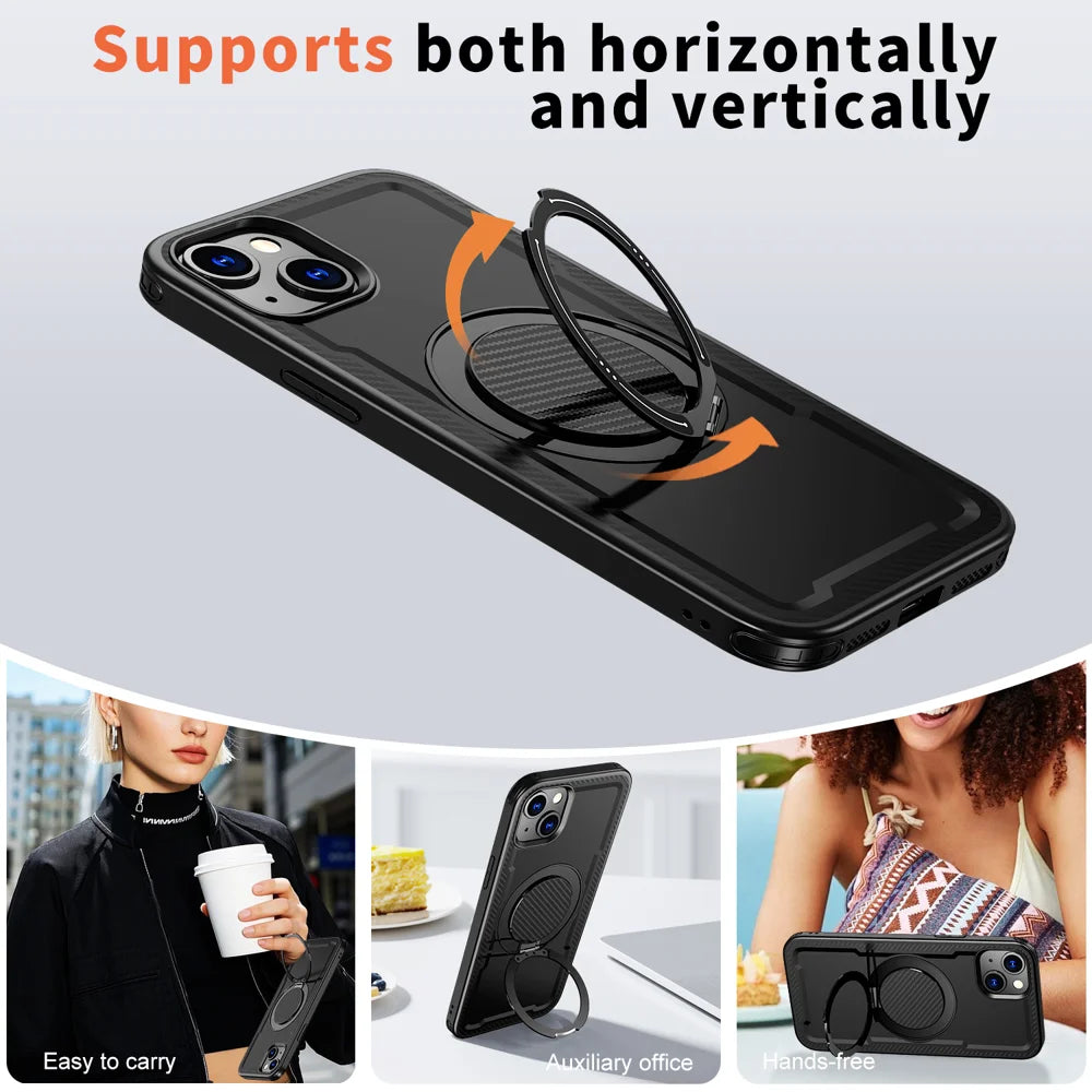 For iPhone 13 Case Compatible with MagSafe TPU + PC Phone Cover with Damping Rotating Stand - Black - 5