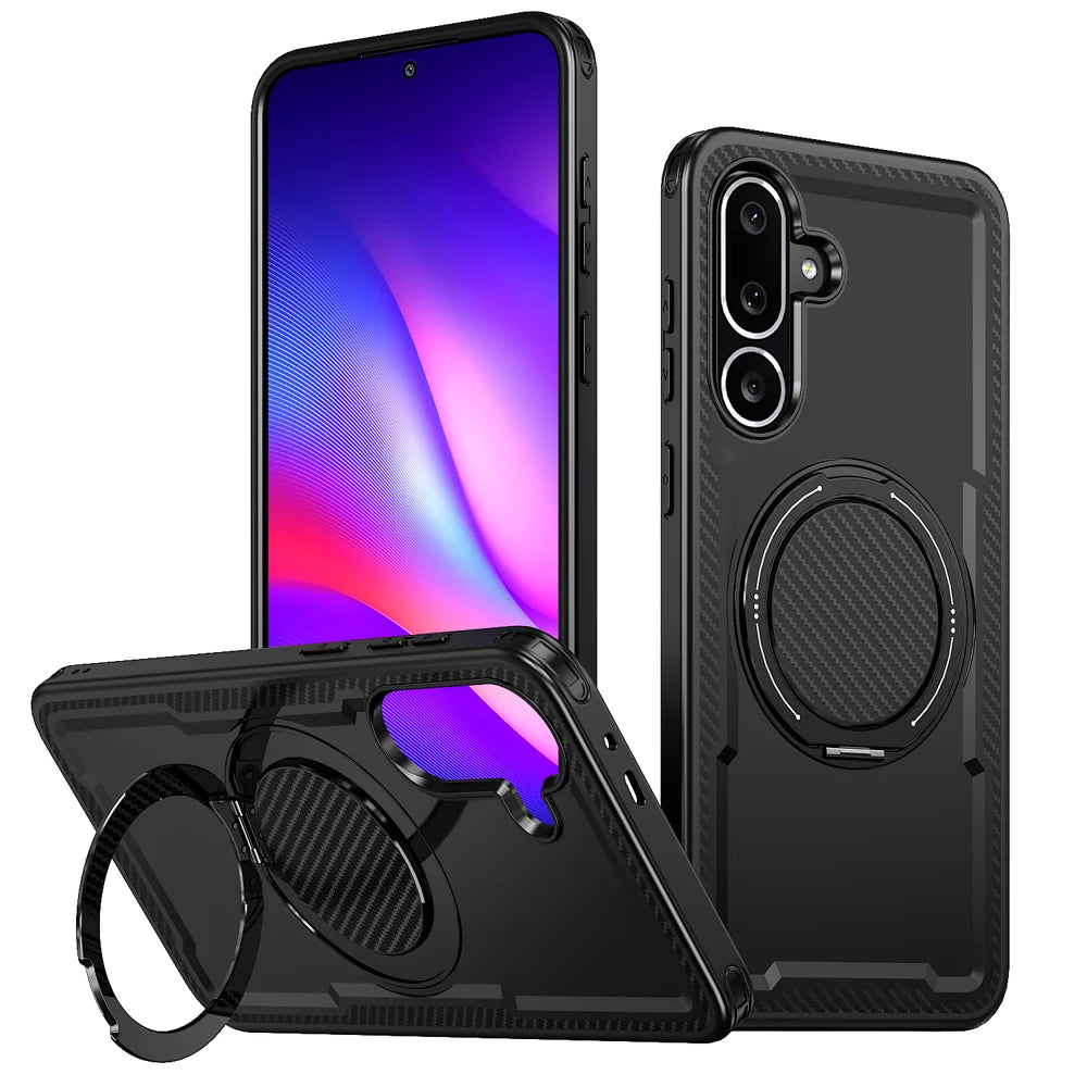 For Samsung Galaxy F56 5G / Galaxy M56 5G Magnetic Case TPU + PC Phone Cover with Damping Rotating Stand - Black - 1