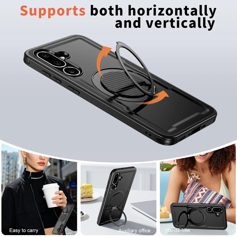 For Samsung Galaxy F56 5G / Galaxy M56 5G Magnetic Case TPU + PC Phone Cover with Damping Rotating Stand - Black - 5