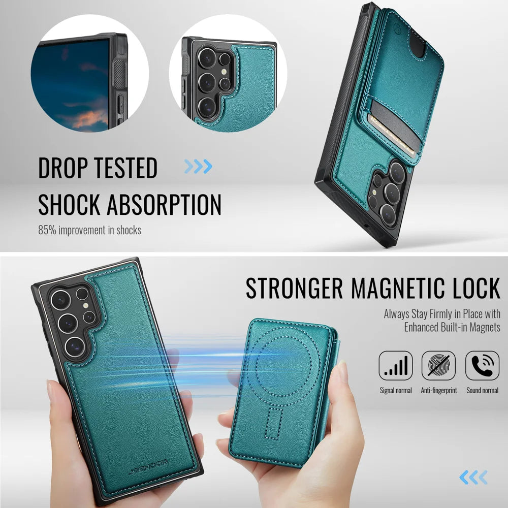 JEEHOOD For Samsung Galaxy S23 Ultra Magnetic Case  J10 Leather Back Phone Cover with Detachable Card Holder Kickstand - Blue - 3