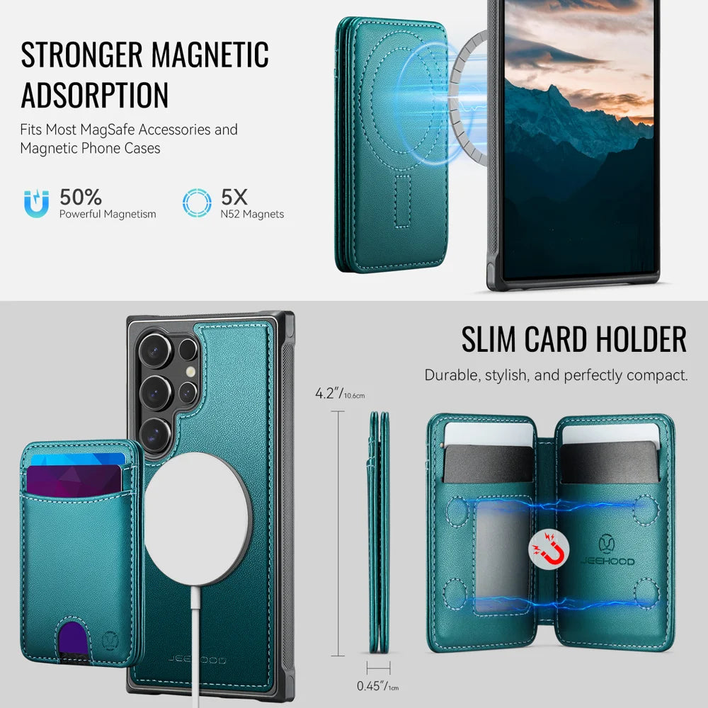 JEEHOOD For Samsung Galaxy S23 Ultra Magnetic Case  J10 Leather Back Phone Cover with Detachable Card Holder Kickstand - Blue - 6
