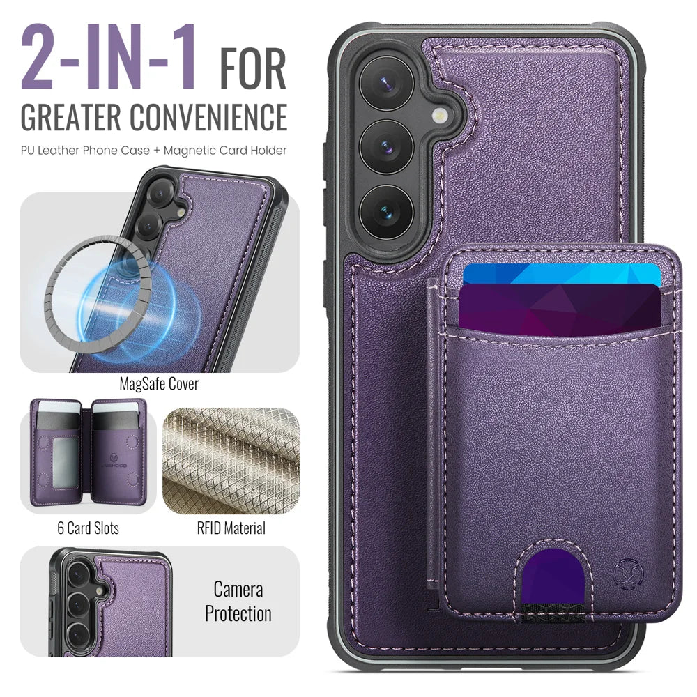 JEEHOOD For Samsung Galaxy S24+ Magnetic Case  J10 Leather Back Phone Cover with Detachable Card Holder Kickstand - Purple - 2