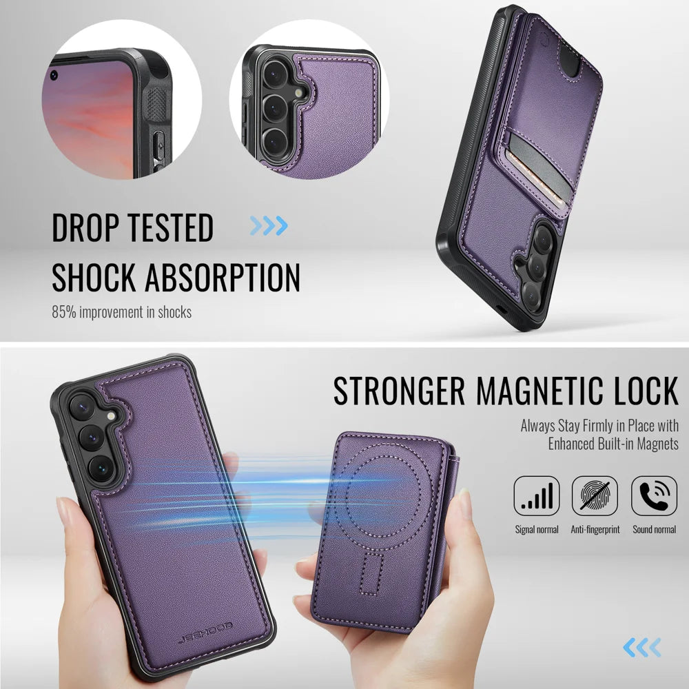 JEEHOOD For Samsung Galaxy S24+ Magnetic Case  J10 Leather Back Phone Cover with Detachable Card Holder Kickstand - Purple - 3