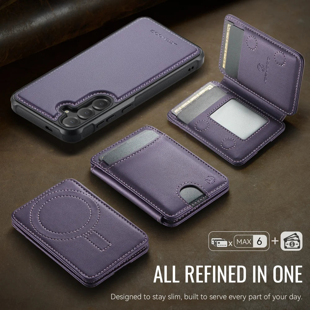 JEEHOOD For Samsung Galaxy S24+ Magnetic Case  J10 Leather Back Phone Cover with Detachable Card Holder Kickstand - Purple - 5