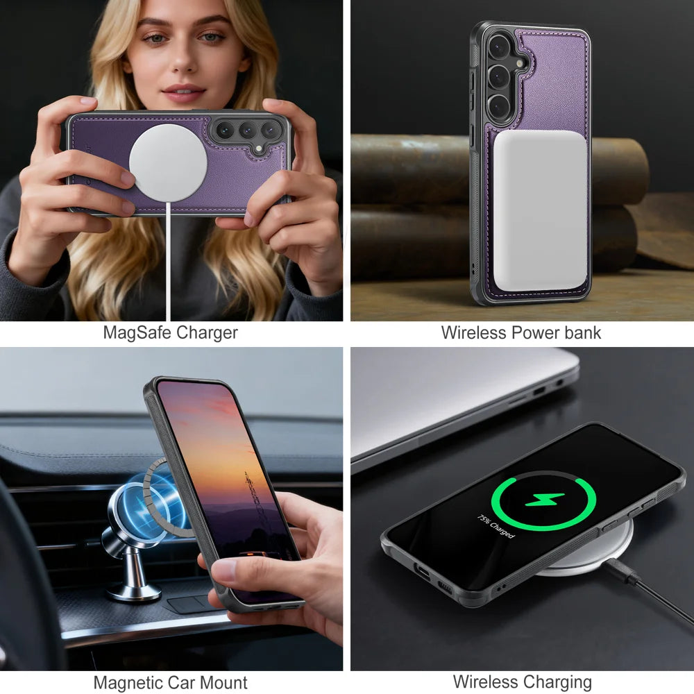 JEEHOOD For Samsung Galaxy S24+ Magnetic Case  J10 Leather Back Phone Cover with Detachable Card Holder Kickstand - Purple - 7