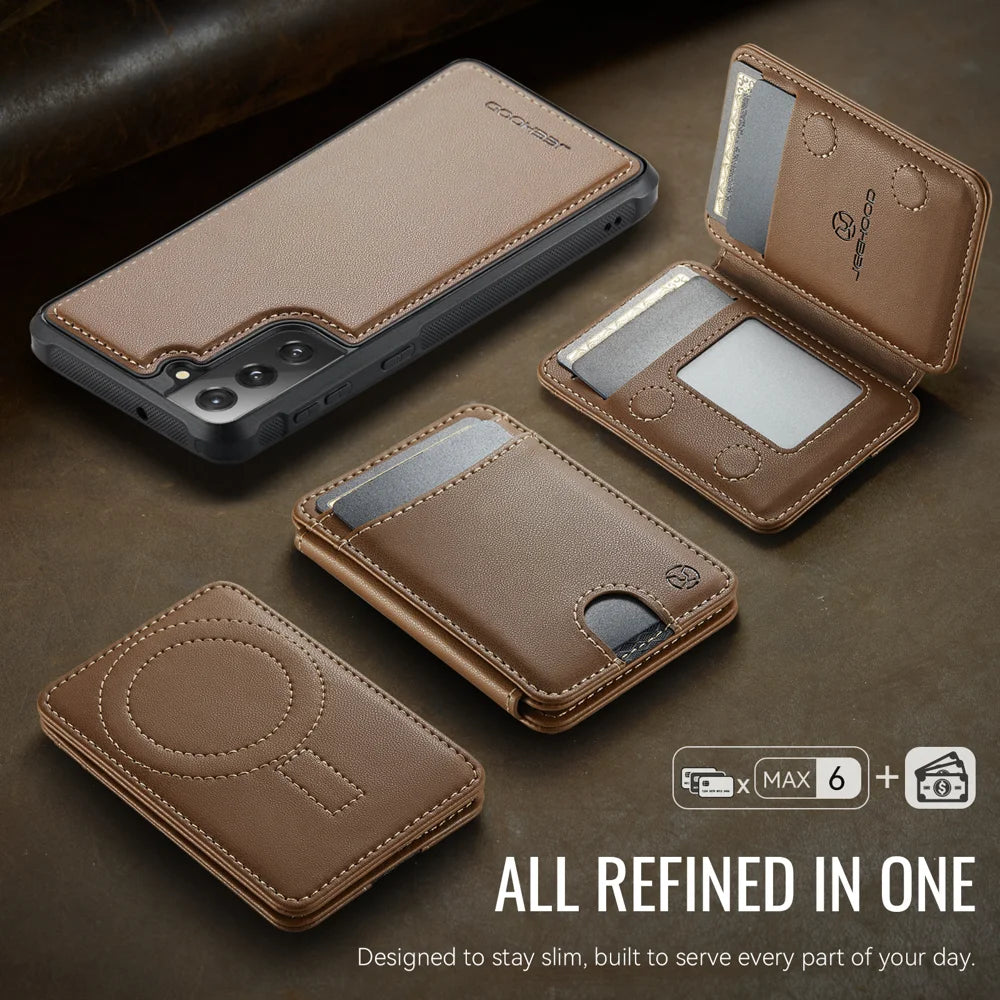 JEEHOOD For Samsung Galaxy S22 5G Magnetic Case  J10 Leather Back Phone Cover with Detachable Card Holder Kickstand - Brown - 5
