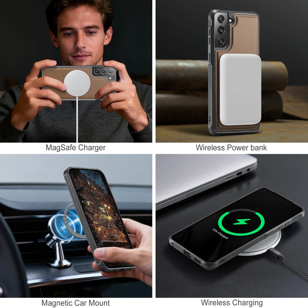 JEEHOOD For Samsung Galaxy S22 5G Magnetic Case  J10 Leather Back Phone Cover with Detachable Card Holder Kickstand - Brown - 7