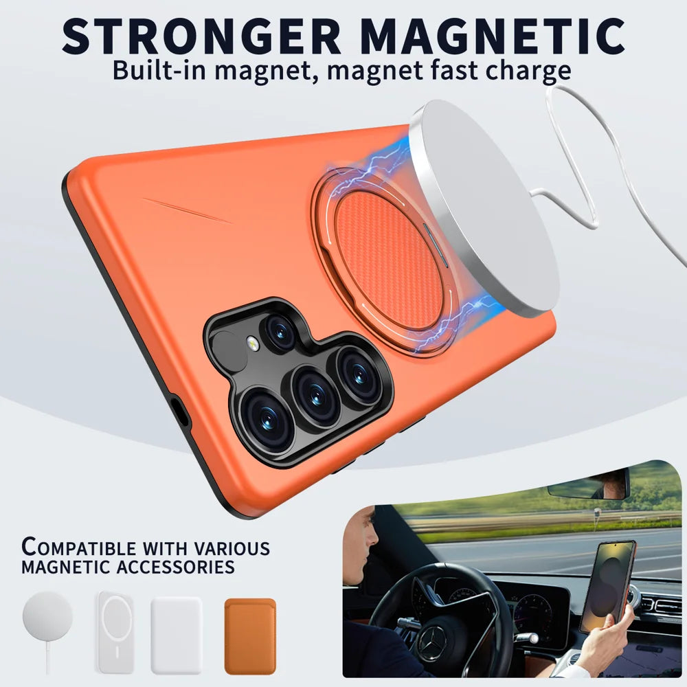 For Samsung Galaxy S24 Ultra Magnetic Case TPU + PC Back Cover with Rotating Kickstand - Orange - 2