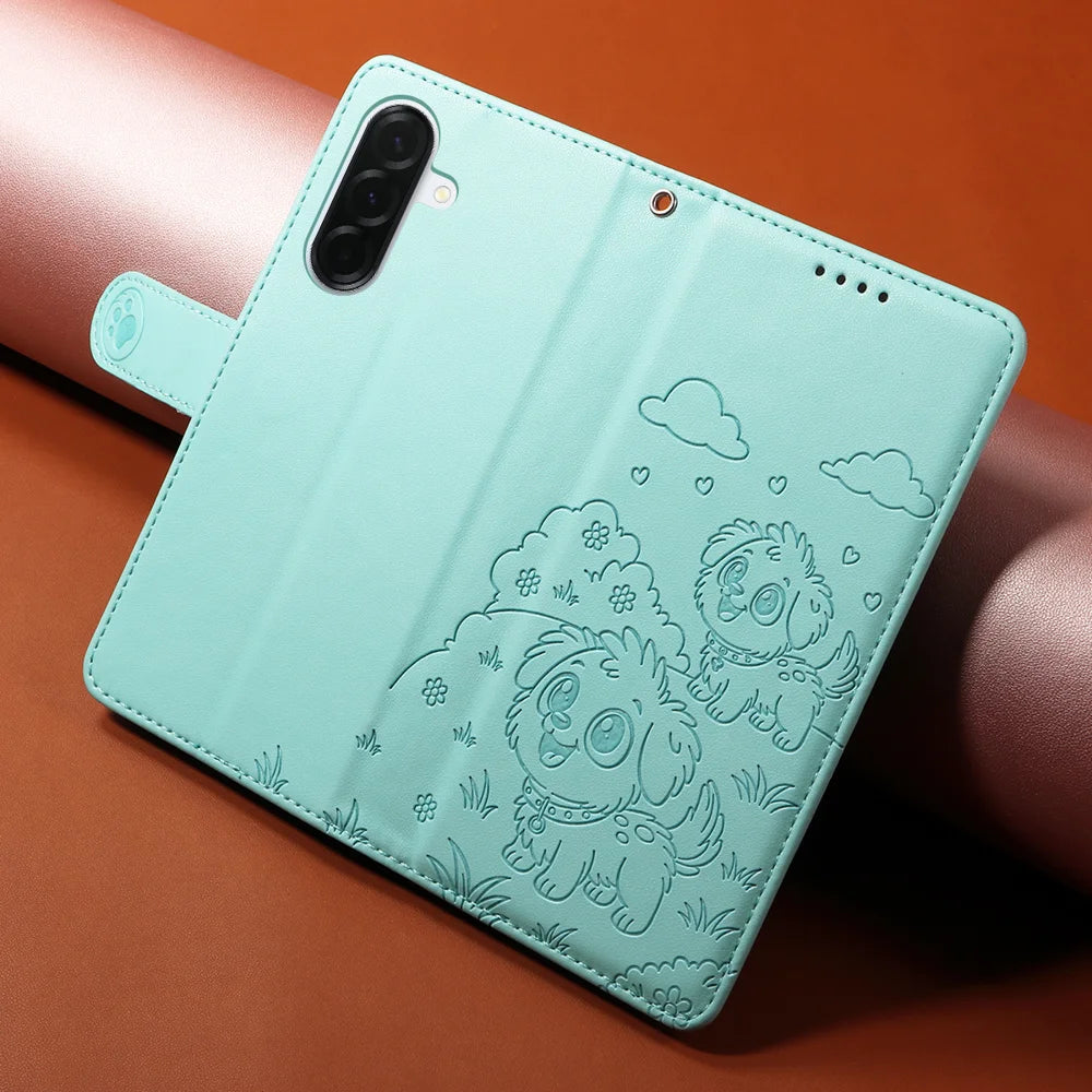 For Samsung Galaxy A37 5G Case RFID Blocking Imprinted Dog Pattern PU Leather Phone Cover with Wrist Strap - Green - 4