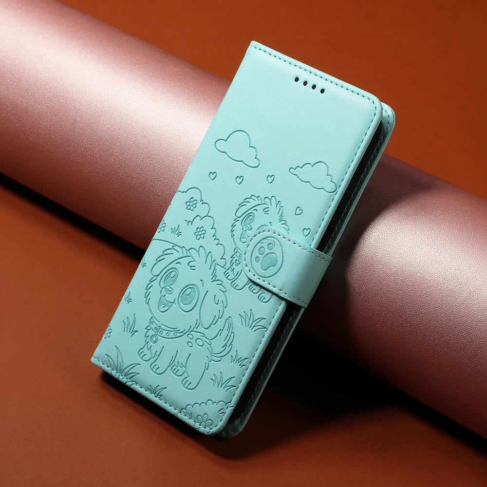 For Samsung Galaxy A37 5G Case RFID Blocking Imprinted Dog Pattern PU Leather Phone Cover with Wrist Strap - Green - 5