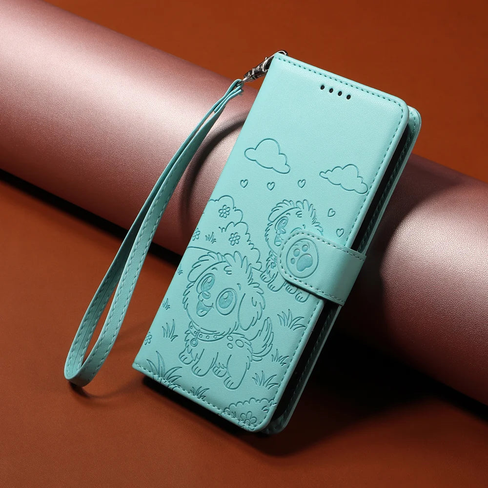 For Samsung Galaxy A37 5G Case RFID Blocking Imprinted Dog Pattern PU Leather Phone Cover with Wrist Strap - Green - 6