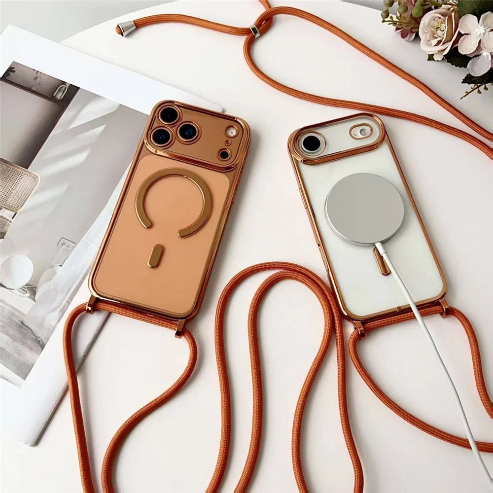 For iPhone 17 Pro Case Compatible with MagSafe Electroplating Edge TPU Phone Cover with Screen Film / Shoulder Strap - Orange - 4