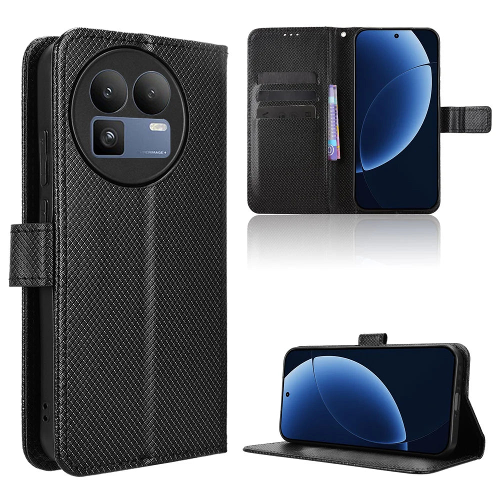 For Realme GT 8 5G Leather Wallet Case with Strap Diamond Texture Phone Cover - Black - 1