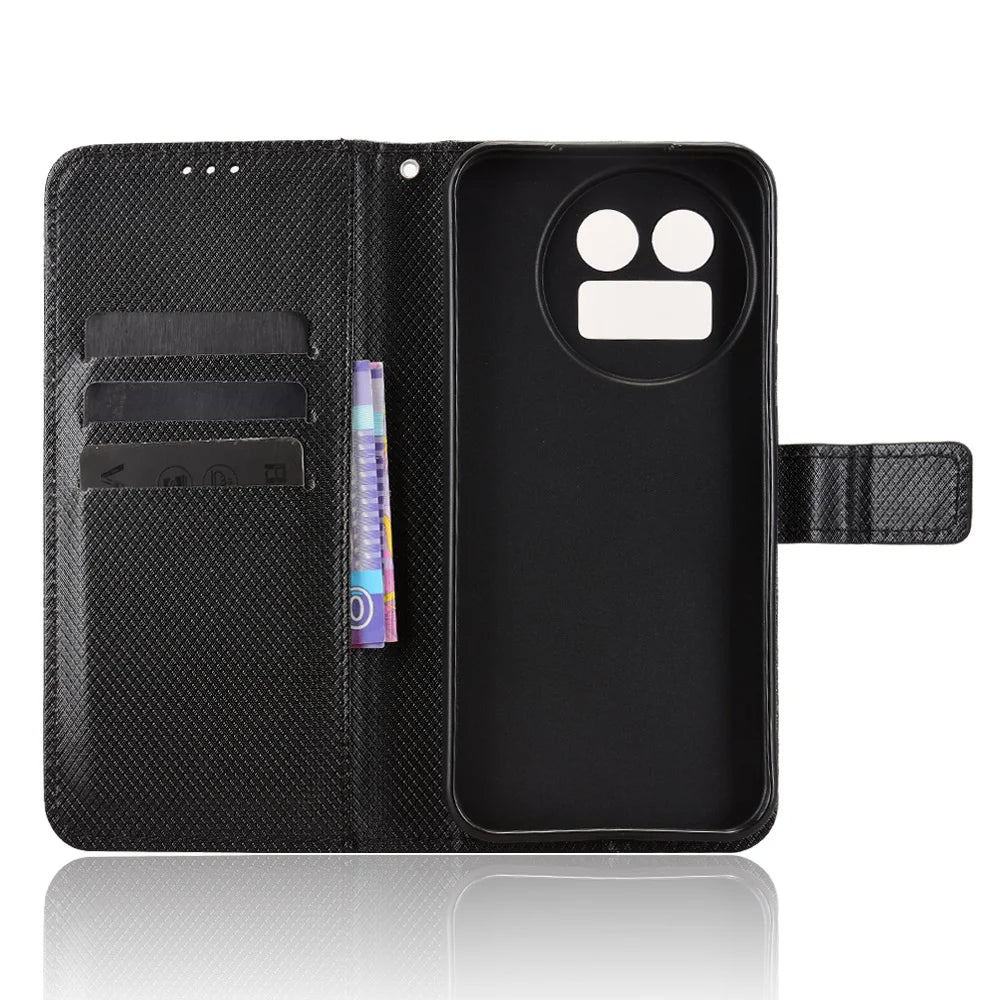 For Realme GT 8 5G Leather Wallet Case with Strap Diamond Texture Phone Cover - Black - 5