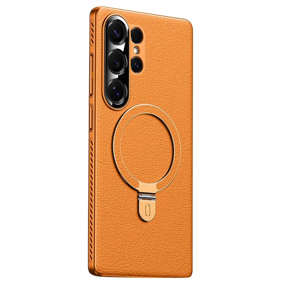 For Samsung Galaxy S25 Ultra Magnetic Case Kickstand Electroplated PC PU Leather Cooling Phone Back Cover - Orange - 1