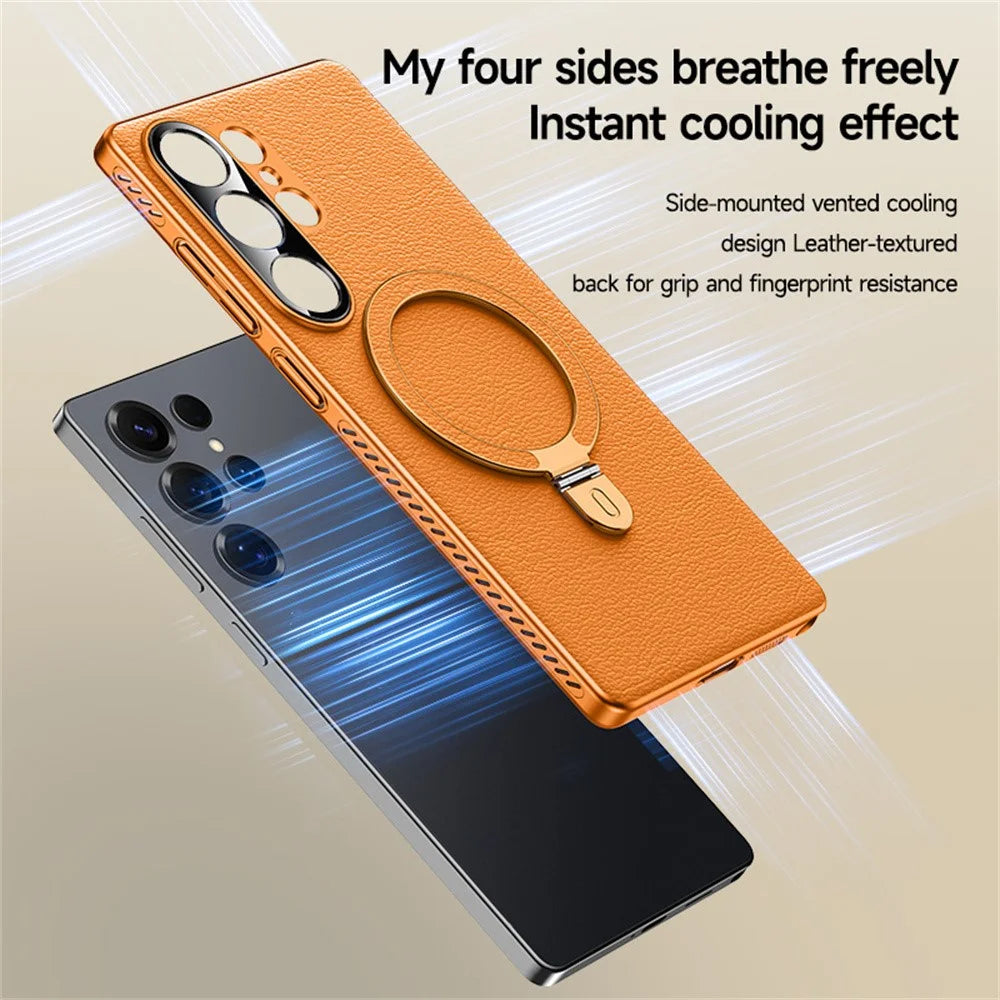 For Samsung Galaxy S25 Ultra Magnetic Case Kickstand Electroplated PC PU Leather Cooling Phone Back Cover - Orange - 4