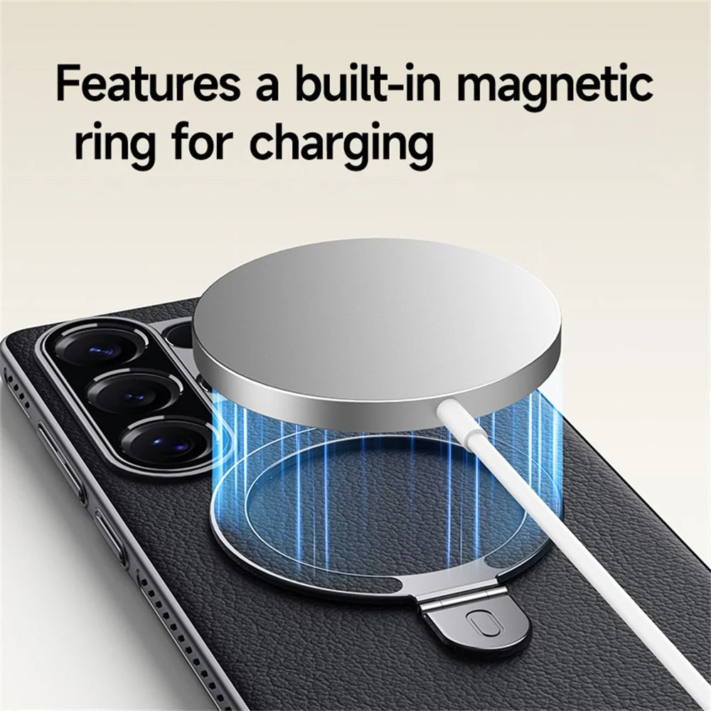For Samsung Galaxy S24 Ultra Magnetic Case Kickstand Electroplated PC PU Leather Cooling Phone Back Cover - Orange - 5