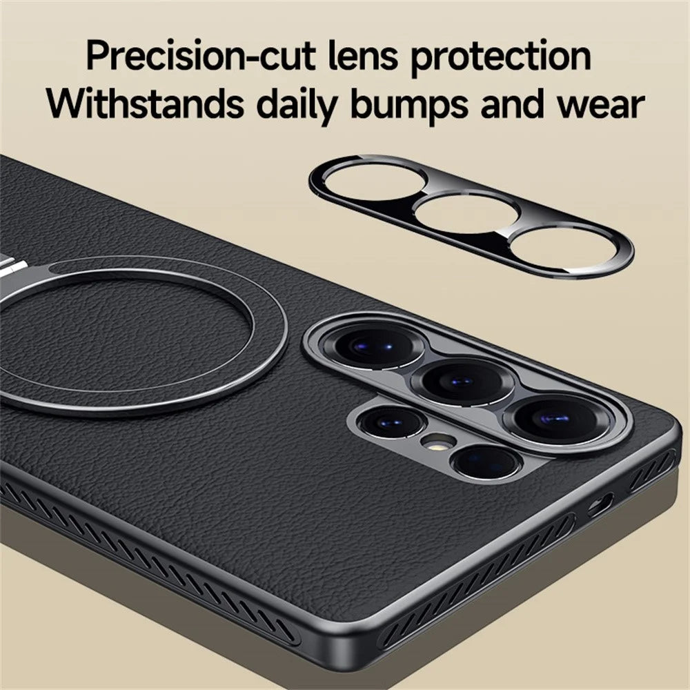 For Samsung Galaxy S24 Ultra Magnetic Case Kickstand Electroplated PC PU Leather Cooling Phone Back Cover - Orange - 6