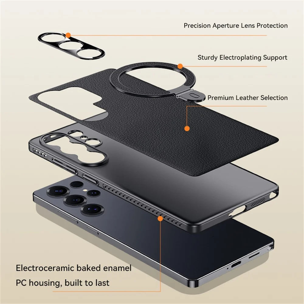 For Samsung Galaxy S24 Ultra Magnetic Case Kickstand Electroplated PC PU Leather Cooling Phone Back Cover - Orange - 7