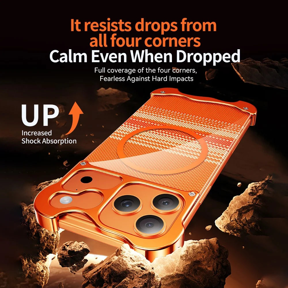 For iPhone 17 Pro Max Frameless Case Compatible with MagSafe Aramid Fiber Pattern Gilded Aluminum Alloy PC Back Phone Cover - Orange - 3
