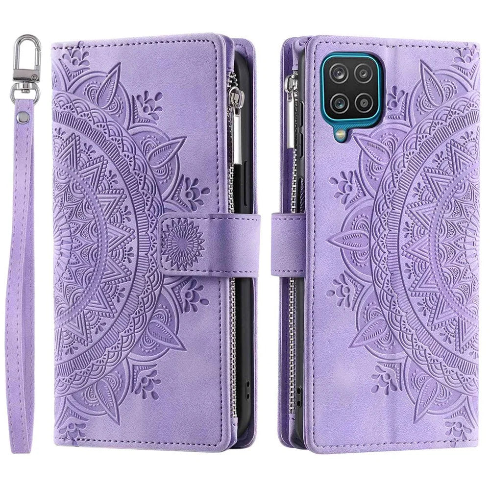 Multiple Card Slots Phone Cover For Samsung Galaxy A12 / M12 Mandala Flower Imprinted PU Leather Phone Case Stand Zipper Pocket Wallet with Strap - Purple - 1