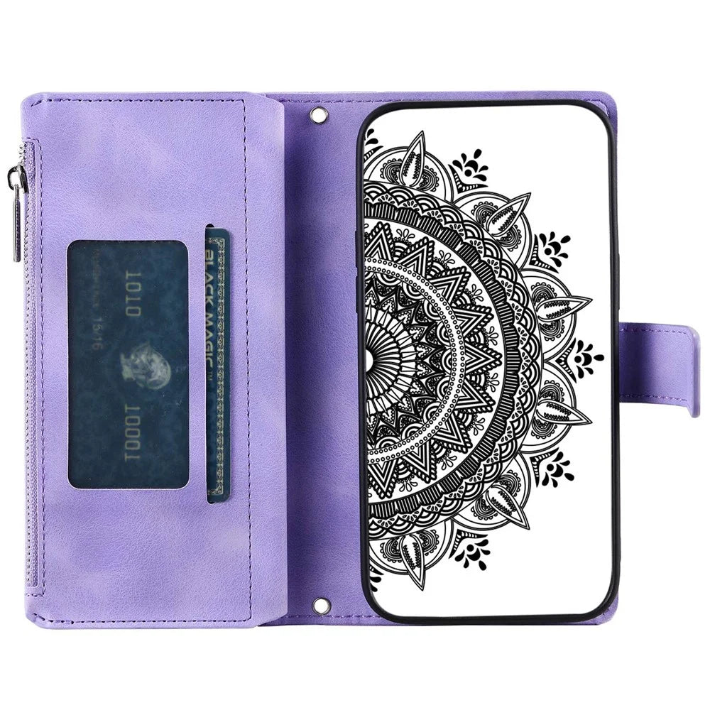 Multiple Card Slots Phone Cover For Samsung Galaxy A12 / M12 Mandala Flower Imprinted PU Leather Phone Case Stand Zipper Pocket Wallet with Strap - Purple - 2