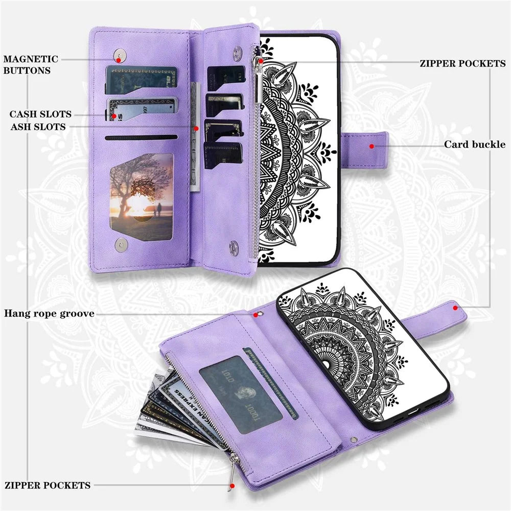 Multiple Card Slots Phone Cover For Samsung Galaxy A12 / M12 Mandala Flower Imprinted PU Leather Phone Case Stand Zipper Pocket Wallet with Strap - Purple - 6