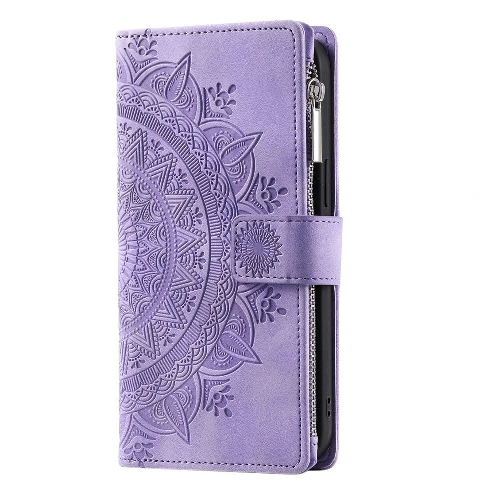 Multiple Card Slots Phone Cover For Samsung Galaxy A12 / M12 Mandala Flower Imprinted PU Leather Phone Case Stand Zipper Pocket Wallet with Strap - Purple - 7