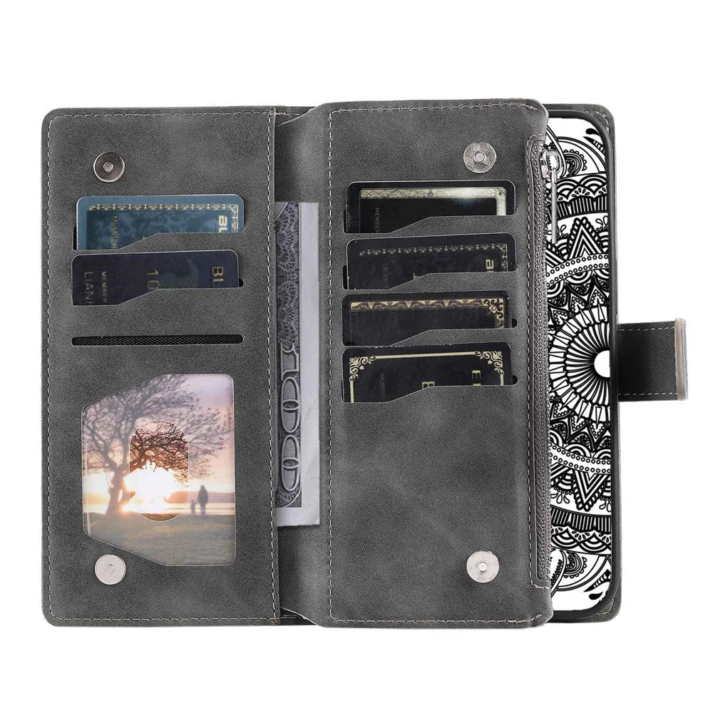 For iPhone 12 6.1 inch / 12 Pro 6.1 Anti-scratch Zipper Pocket Wallet Cover Stand Mandala Flower Imprinted PU Leather Phone Case with Multiple Card Slots and Strap - Grey - 4