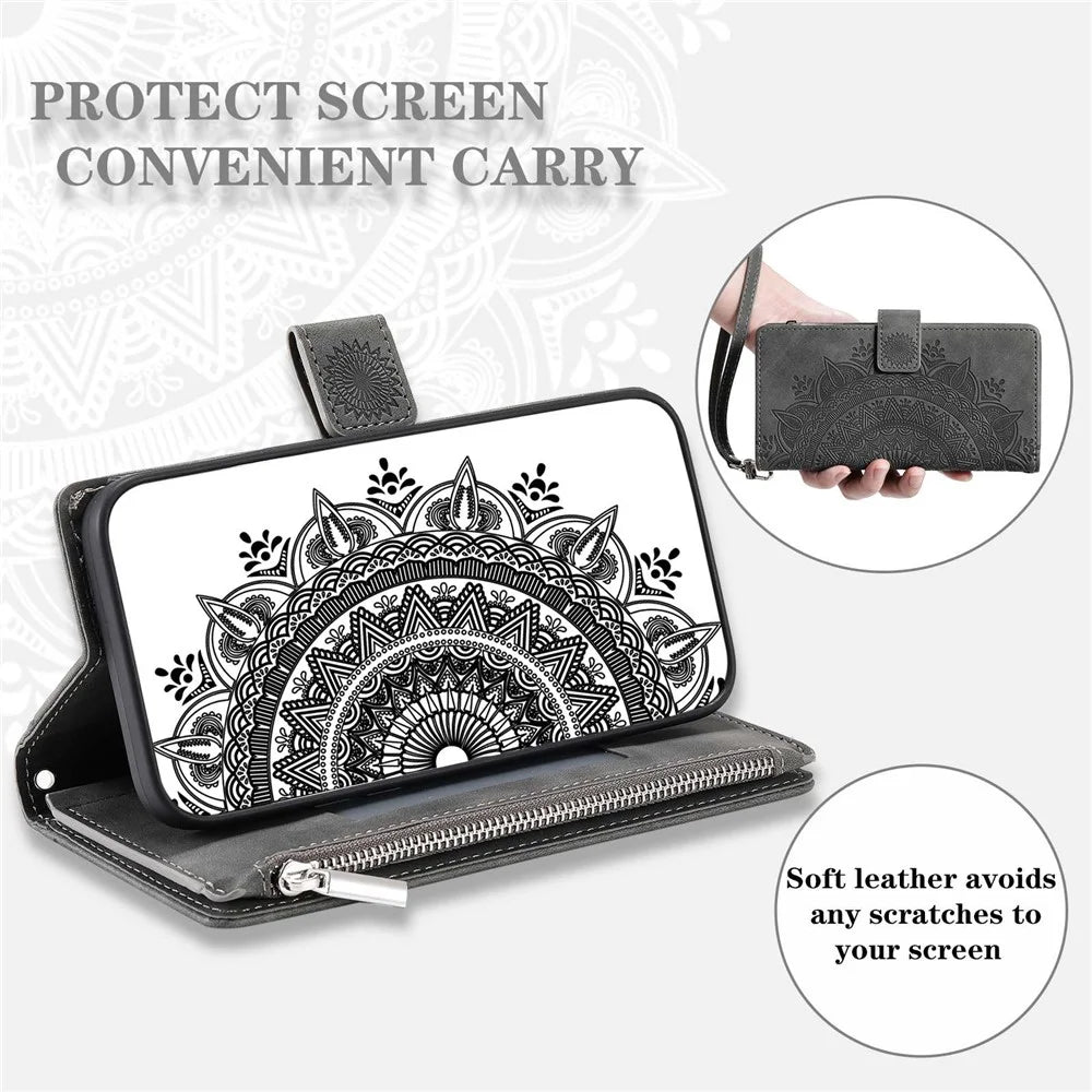 For iPhone 12 6.1 inch / 12 Pro 6.1 Anti-scratch Zipper Pocket Wallet Cover Stand Mandala Flower Imprinted PU Leather Phone Case with Multiple Card Slots and Strap - Grey - 6
