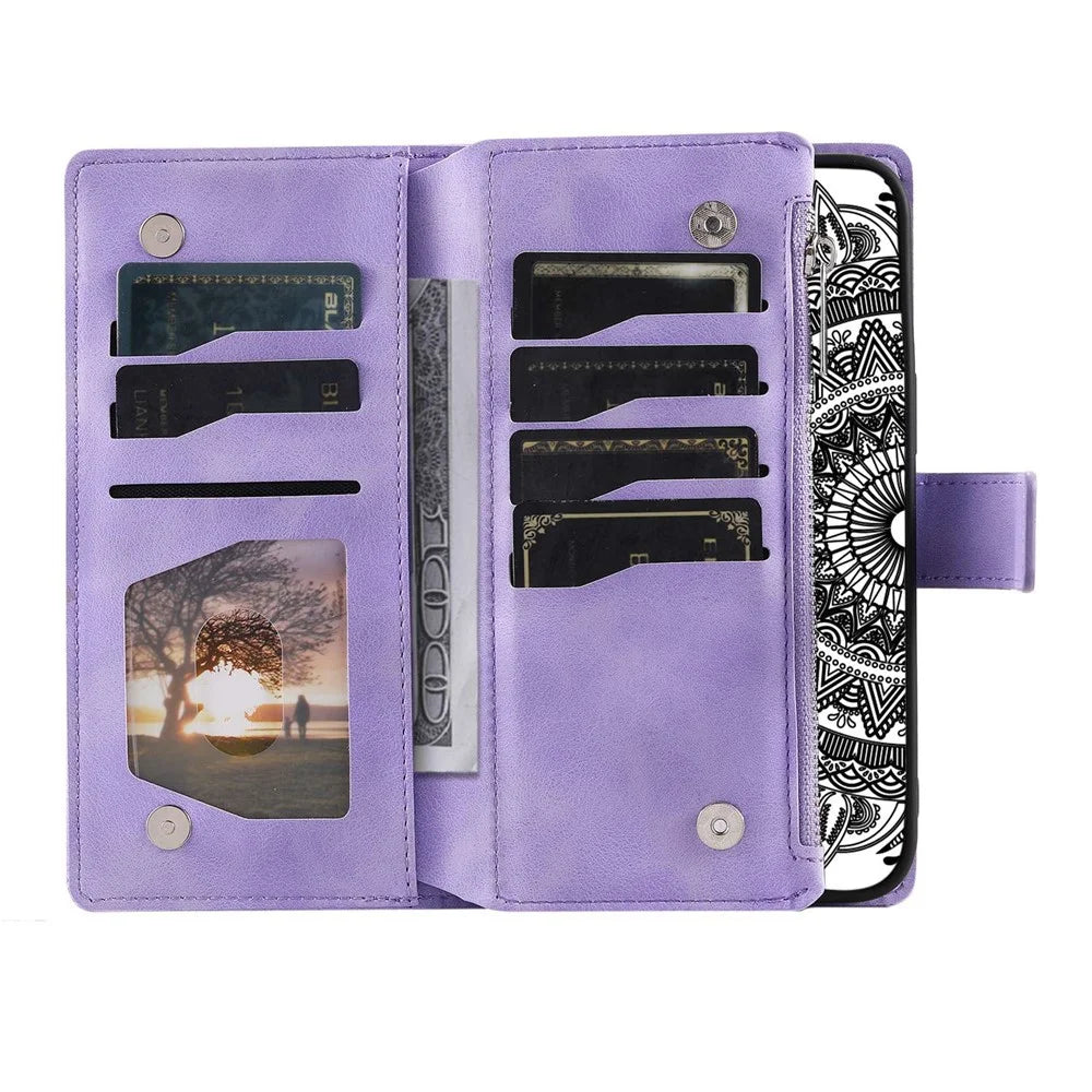 For Samsung Galaxy S21 FE 5G Mandala Flower Imprinted PU Leather Phone Cover Hands-free Stand with Multiple Card Slots Zipper Pocket Wallet Case - Purple - 4