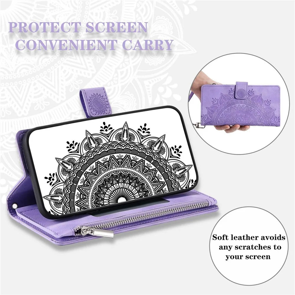 For Samsung Galaxy S21 FE 5G Mandala Flower Imprinted PU Leather Phone Cover Hands-free Stand with Multiple Card Slots Zipper Pocket Wallet Case - Purple - 5
