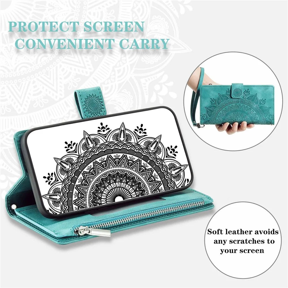 For Samsung Galaxy S22+ 5G Mandala Flower Imprinted Bump Proof PU Leather Phone Cover Stand with Multiple Card Slots Zipper Pocket Wallet Case - Green - 5