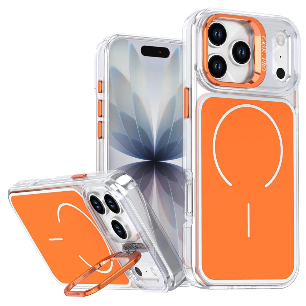 For iPhone 17 Pro Magnetic Case Matching Color Lens Kickstand TPU PC Phone Cover Compatible with MagSafe - Orange - 1