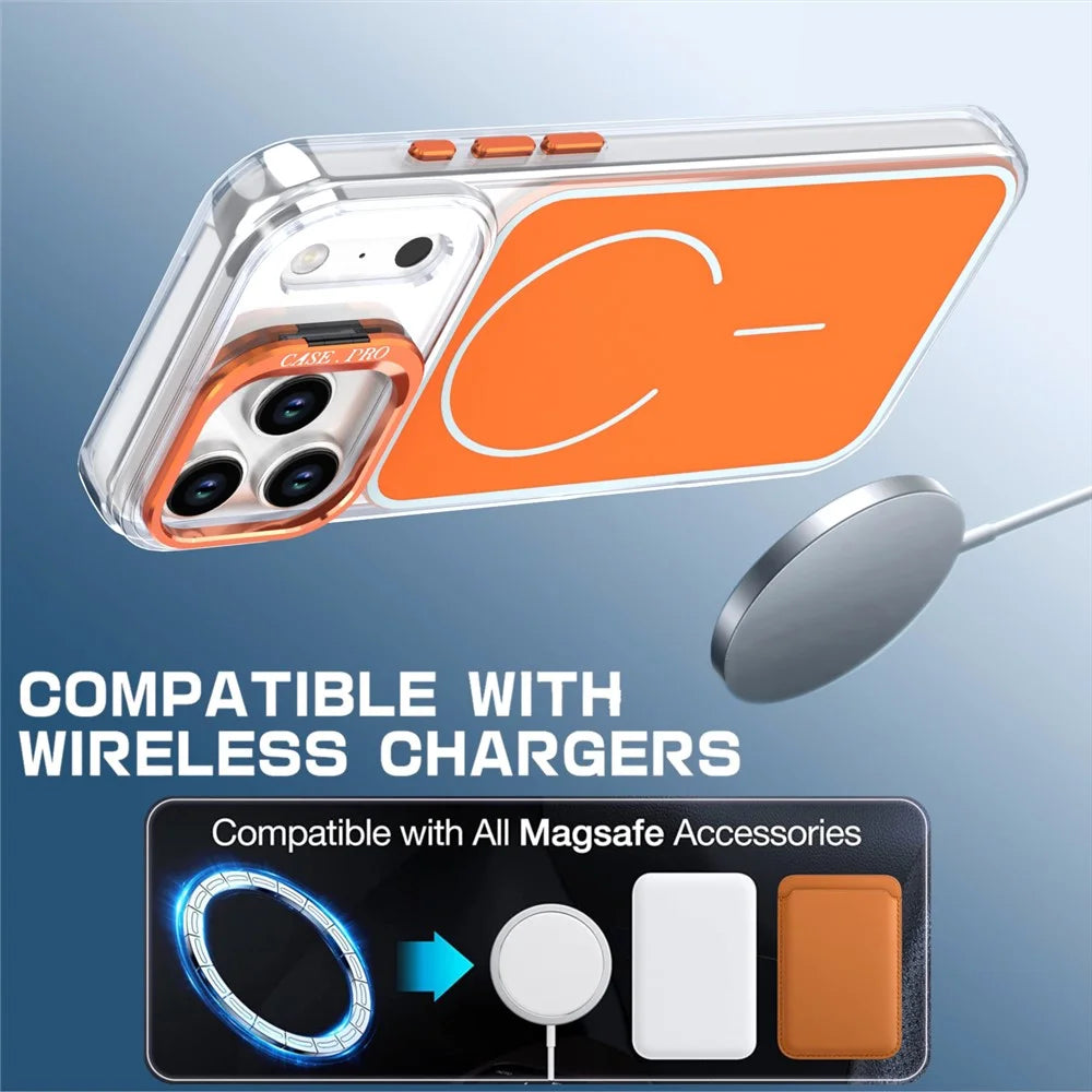 For iPhone 17 Pro Magnetic Case Matching Color Lens Kickstand TPU PC Phone Cover Compatible with MagSafe - Orange - 3