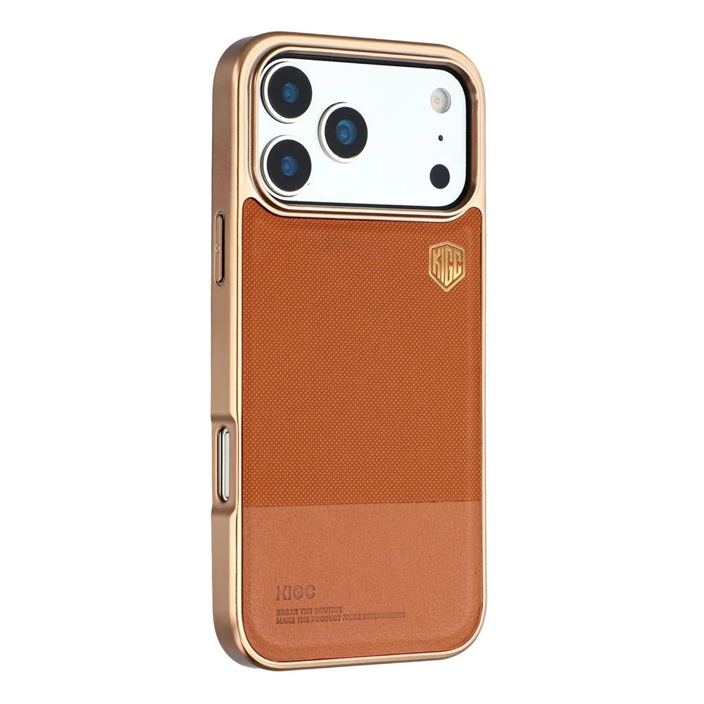 KIGC For iPhone 17 Pro Max Case PC + TPU + PU Electroplating Phone Cover - Titanium Gold - 1