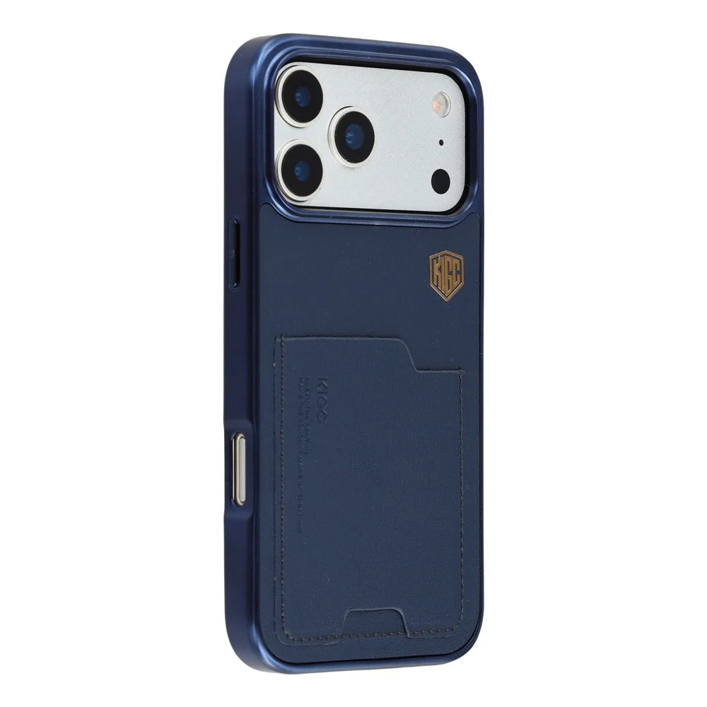 KIGC For iPhone 17 Pro Case Leather + PC + TPU Electroplating Phone Cover with Card Holder - Blue - 1
