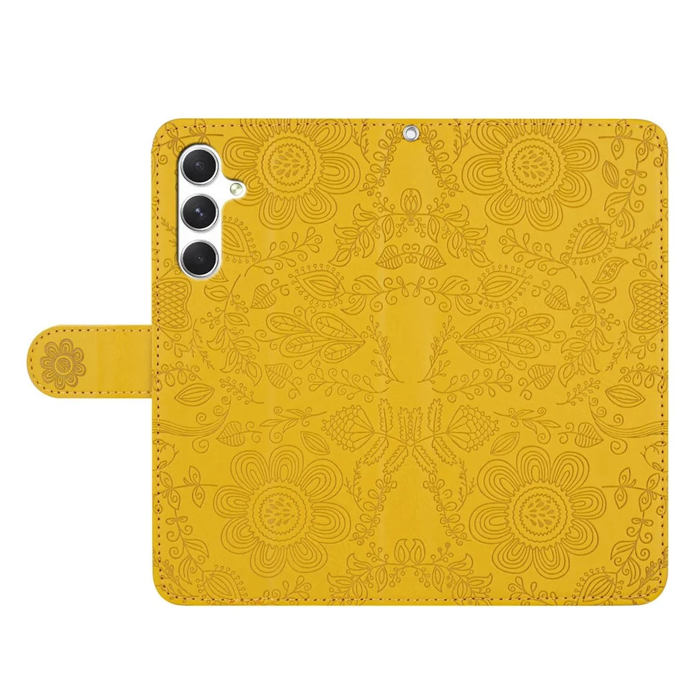 For Samsung Galaxy S26+ Case Flower Imprint Leather Flip Wallet Phone Cover with Wrist Strap - Yellow - 4