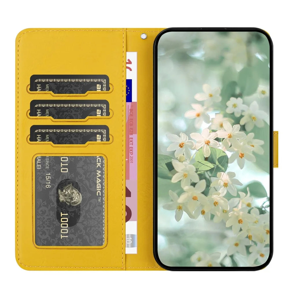 For Samsung Galaxy A37 5G Case Flower Imprint Leather Flip Wallet Phone Cover with Wrist Strap - Yellow - 2