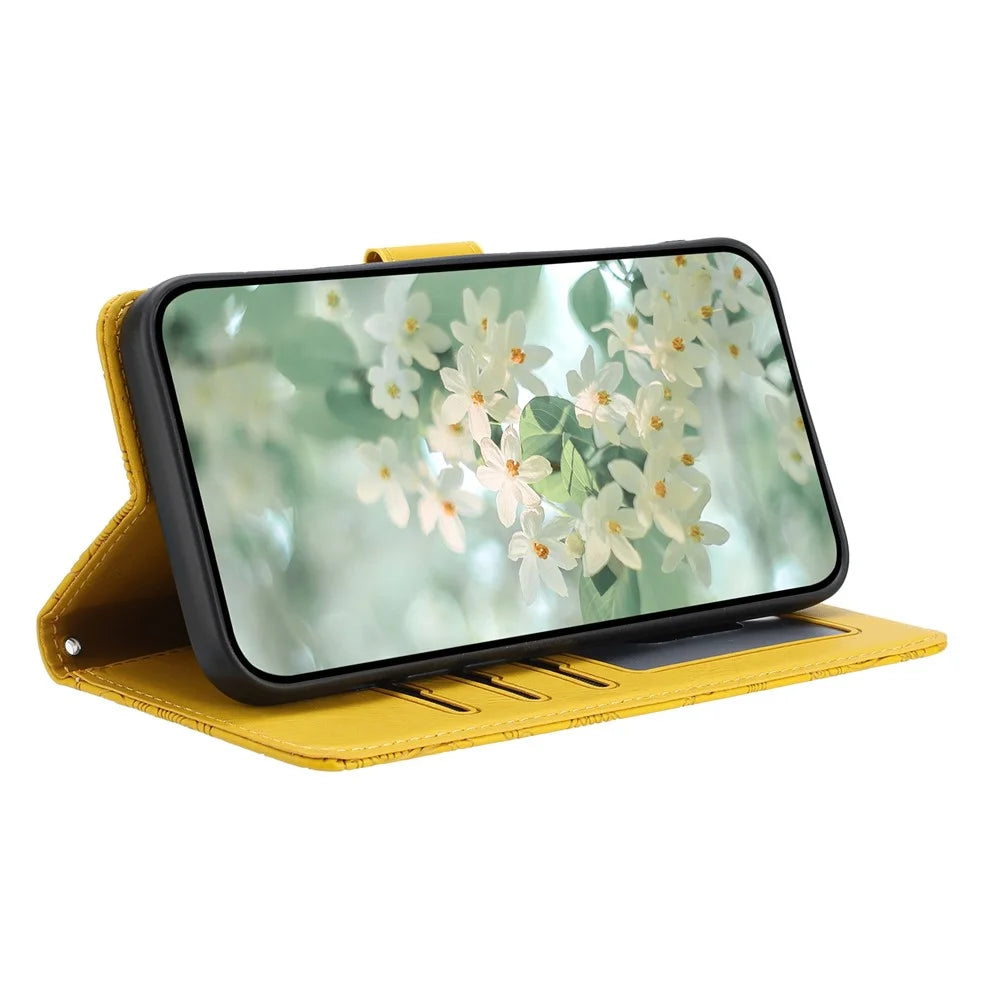 For Samsung Galaxy A37 5G Case Flower Imprint Leather Flip Wallet Phone Cover with Wrist Strap - Yellow - 3